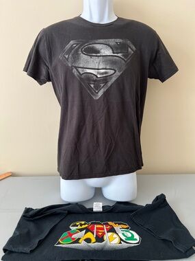 DC Comics Black Superman Graphic Tee with Silver Logo & bonus 2013 shirt
